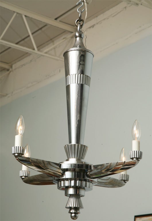 French Art Deco Polished Nickel Four-Arm Chandelier For Sale