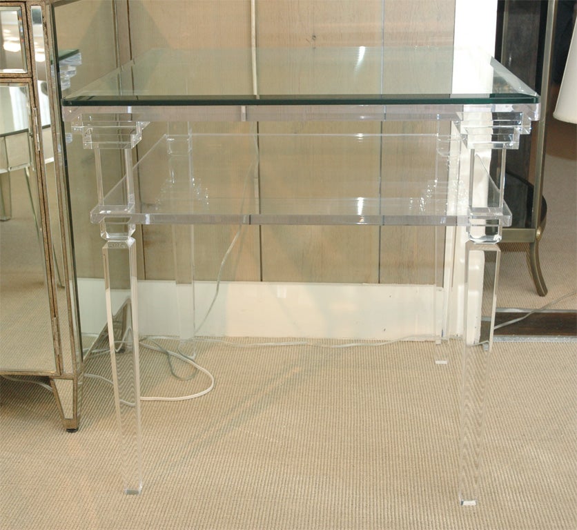 American Pair of Lucite Side Tables with Beveled Glass Tops
