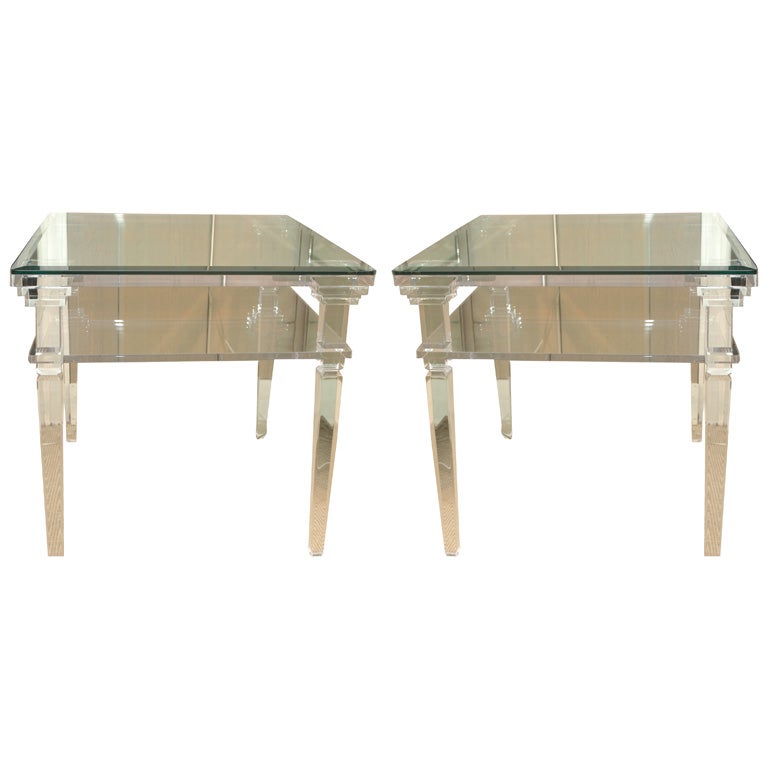 Pair of Lucite Side Tables with Beveled Glass Tops