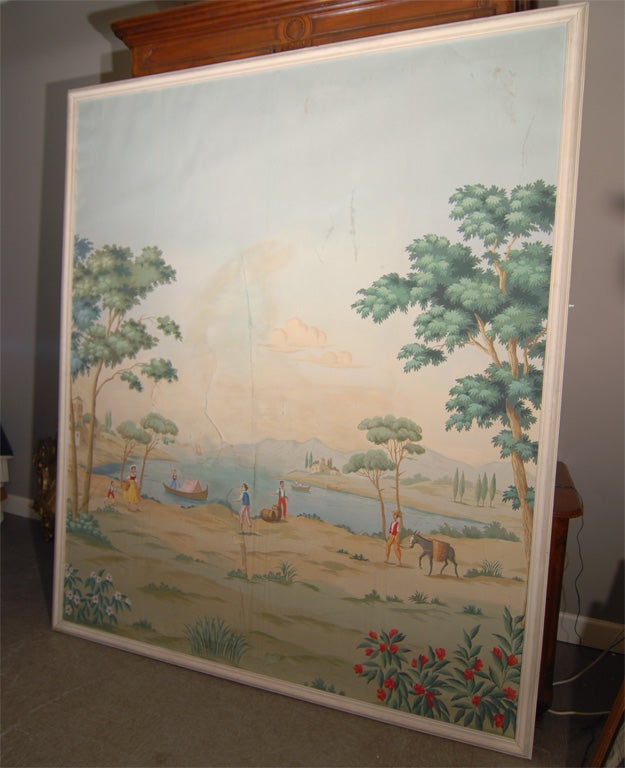 Large framed wallpaper panel, thought to be Zuber from the 1930's, found in Paris.  Great scale, with beautiful colors, soft yet still quite vivid in areas.  Italian countryside scene.