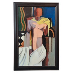 Vintage Claude Lacaze Painting of Nude with Towel
