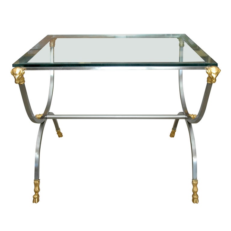 Table en verre à tête de bélier en bronze et acier du 19e siècle français