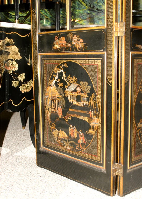 Fabulous one of a kind - chinoiserie painted three-panel screen with paned glass. Stamped Jansen.  Each panel is 22