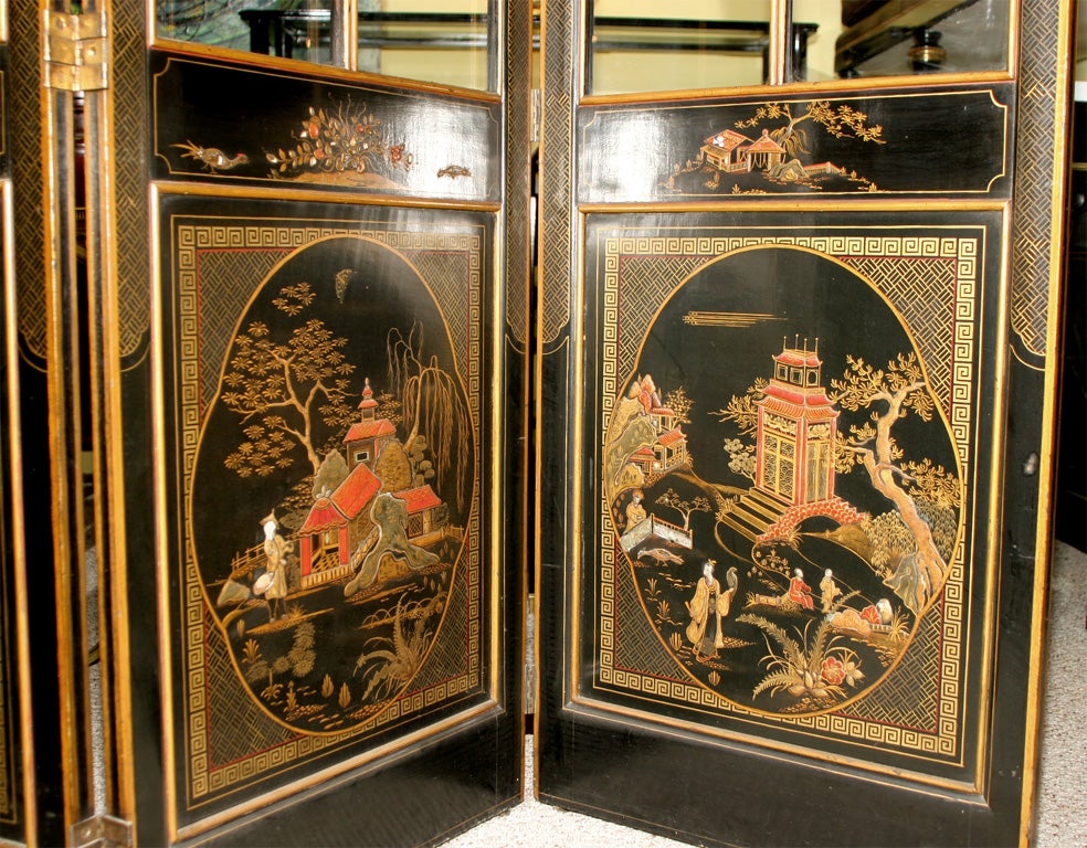 Argentine Stamped Jansen Chinoiserie Painted Three-Panel Paned Glass Screen