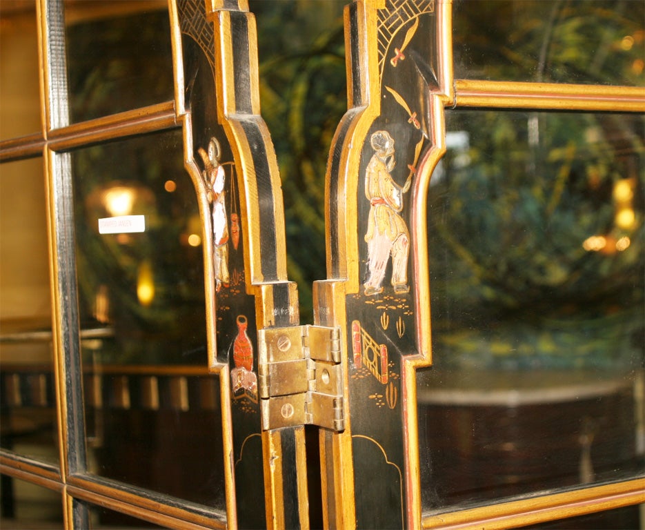 Stamped Jansen Chinoiserie Painted Three-Panel Paned Glass Screen In Good Condition In Stamford, CT
