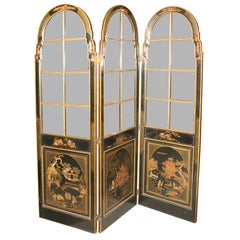 Stamped Jansen Chinoiserie Painted Three-Panel Paned Glass Screen