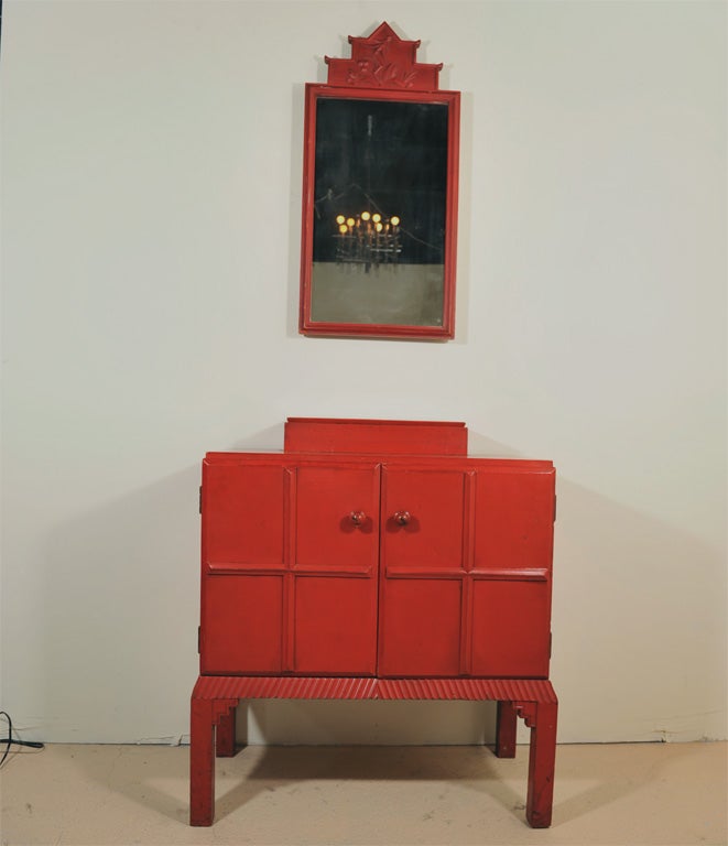Beautiful expressive cabinet and wall mirror attributed to Gerhard Schliepstein (Austrian/German). Shows some 