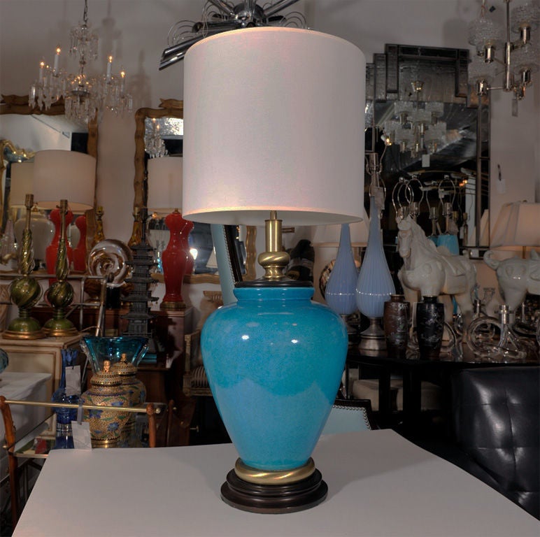 Pair of Large Crackle Glazed Cerulean Blue Porcelain Lamps