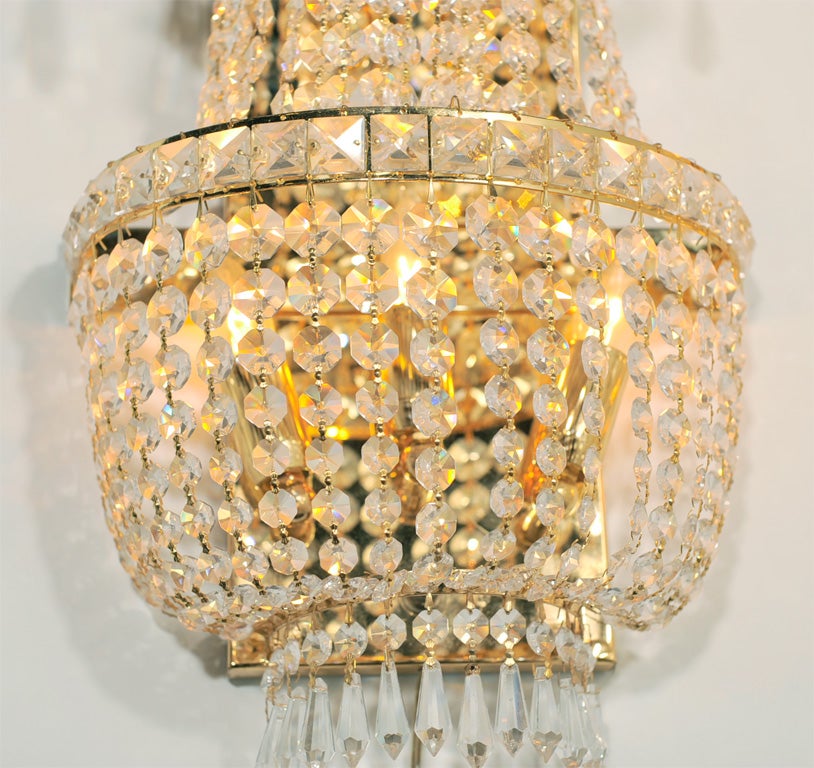 Large Pair of Crystal Hollywood Regency Sconces In Excellent Condition In Bronx, NY