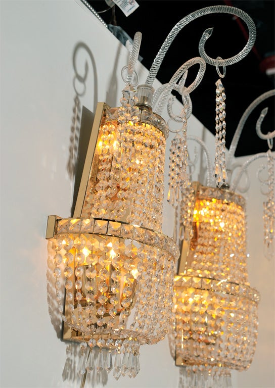 Large Pair of Crystal Hollywood Regency Sconces For Sale at 1stdibs
