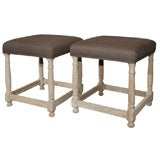 Pair Bleached Oak Footstools with Taupe Linen