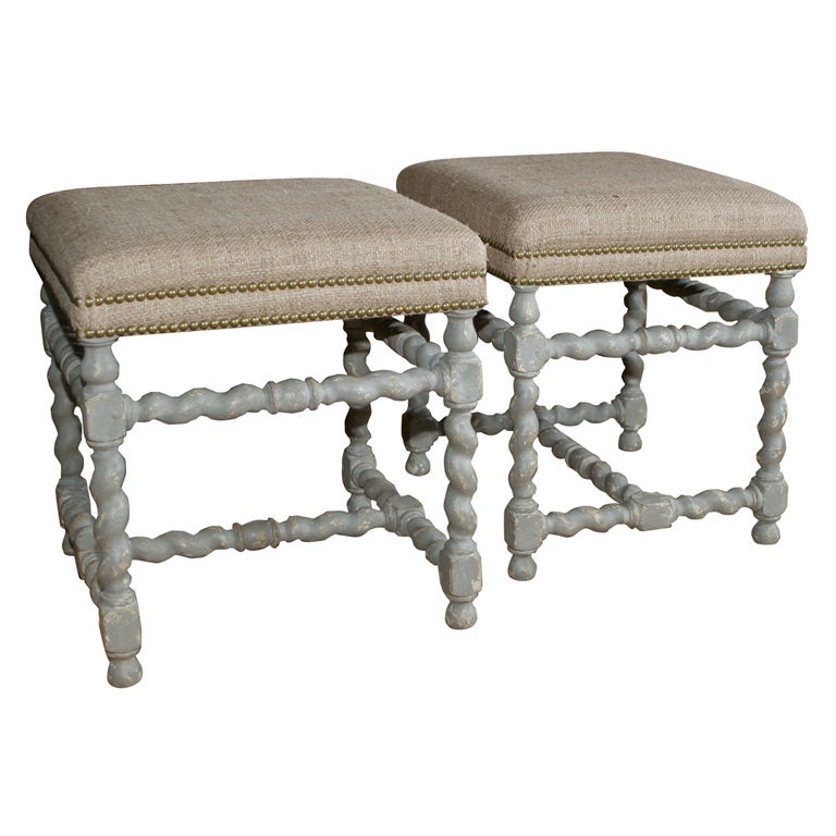 Barley Twist Footstools in Linen with Nailhead Trim