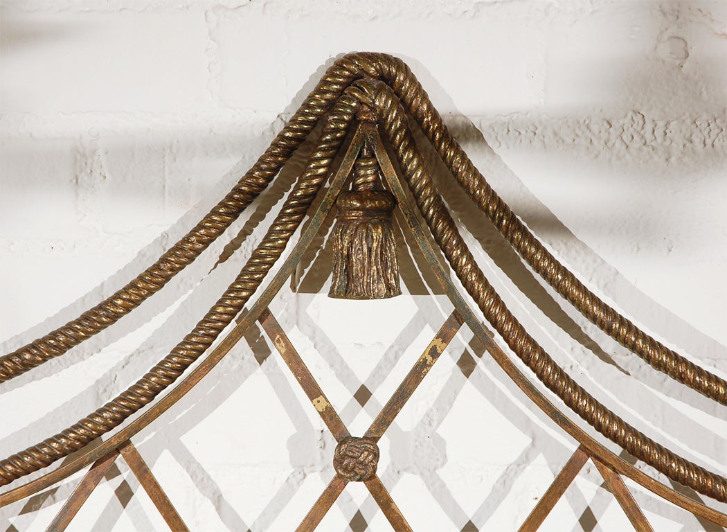 Queen-size headboard with gilded rope and tassel bases by Edna Roma Cox. Could also be used behind a bench in an entry or other location.