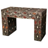 Vintage Moroccan Console Artisan Bone Leather Stone Inlaid Hammered Brass Console Super