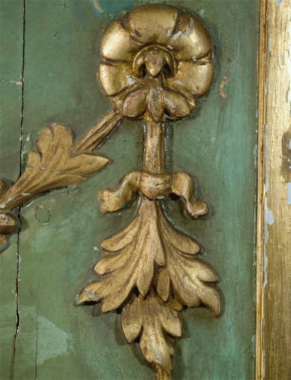 Carved and painted 18th Century Italian mirror, original green paint and gilt carving.