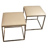Pair of Polished Nickel Benches with Faux Ostrich Cushions