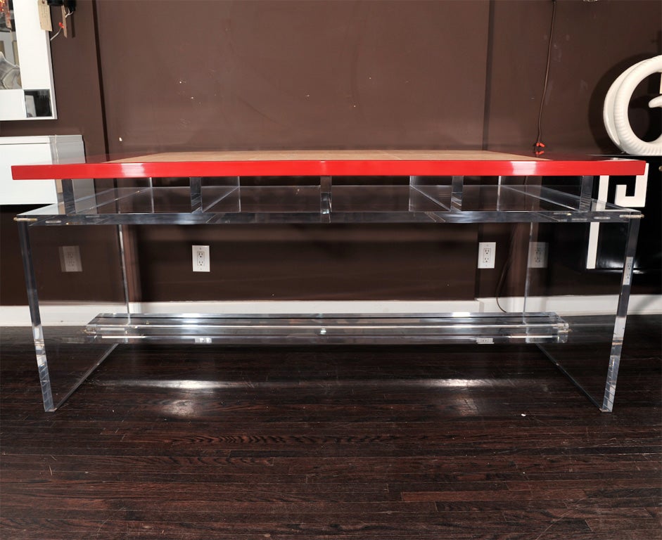 American CUSTOM LUCITE DESK WITH RED LACQUER AND TAN SHAGREEN TOP