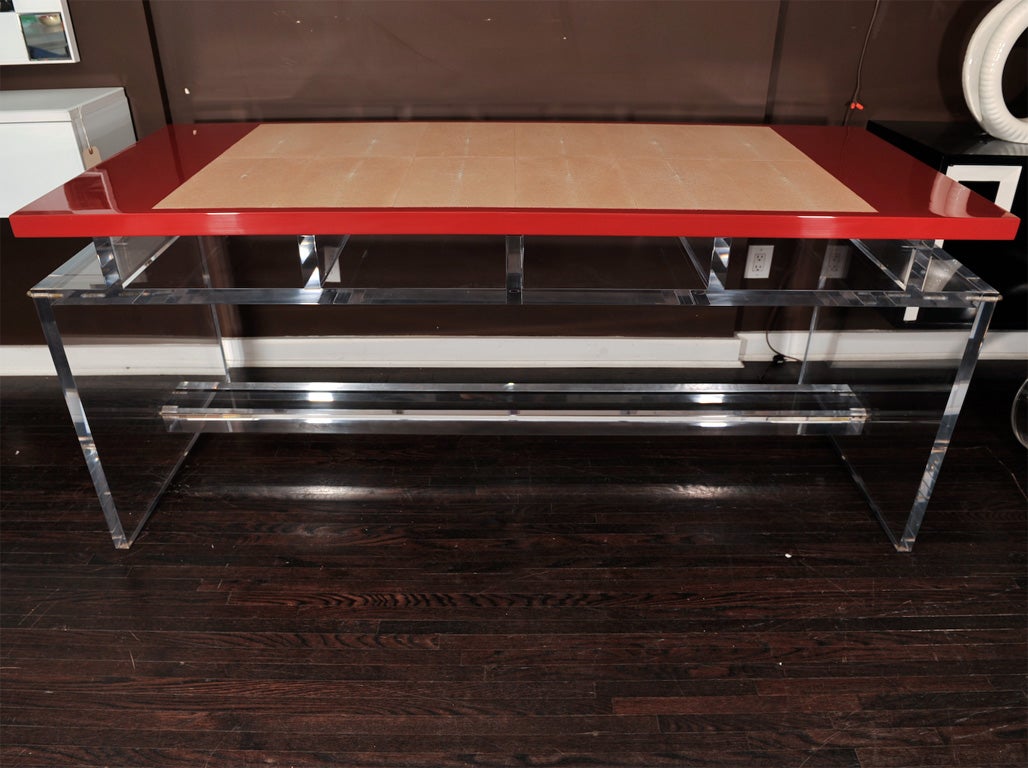 Contemporary CUSTOM LUCITE DESK WITH RED LACQUER AND TAN SHAGREEN TOP