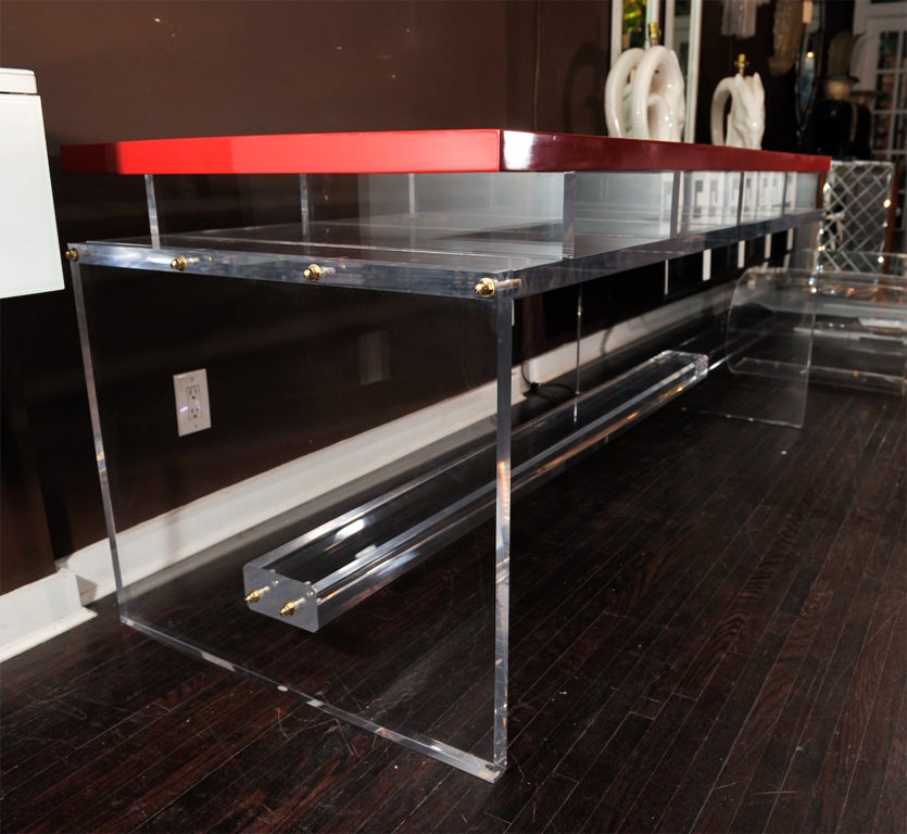 CUSTOM LUCITE DESK WITH RED LACQUER AND TAN SHAGREEN TOP 1