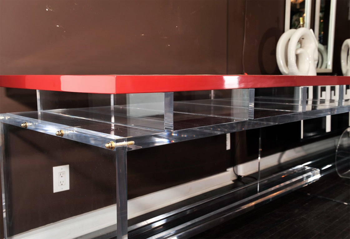 CUSTOM LUCITE DESK WITH RED LACQUER AND TAN SHAGREEN TOP 3