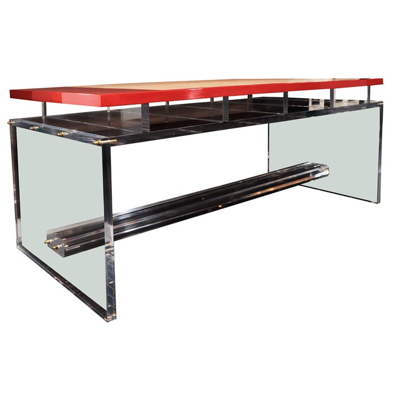 CUSTOM LUCITE DESK WITH RED LACQUER AND TAN SHAGREEN TOP