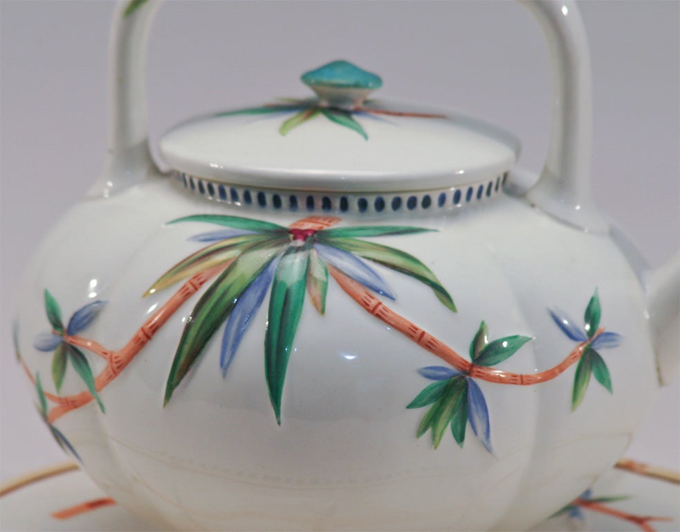 English 19th C. Wedgwood Bamboo Decorated Teapot and Trivet