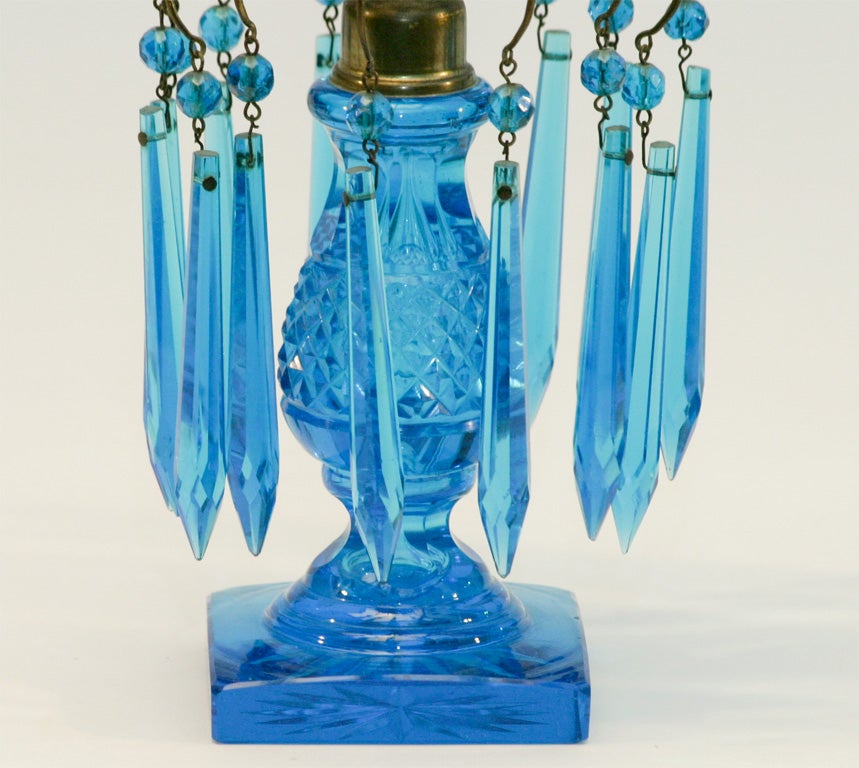 19th Century Anglo-Irish Turquoise Cut Crystal Girondoles with Brass Fittings