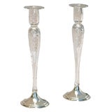 Antique Signed Hawkes Crystal Candlesticks, Sterling Silver Base 15.5"