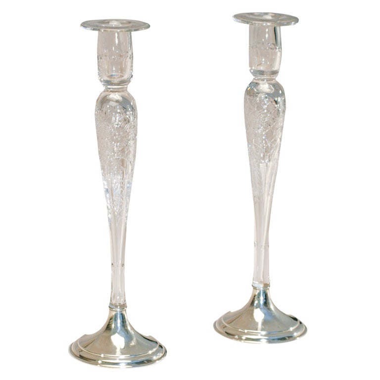 Signed Hawkes Crystal Candlesticks, Sterling Silver Base 15.5"