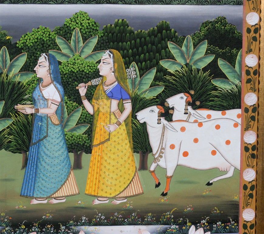 Framed painting of Krishna surrounded by his devotees, sacred cows, waterliles and well painted background on large full screen canvas, mounted in gold leaf frame. Very vibrant and decorative subject.
