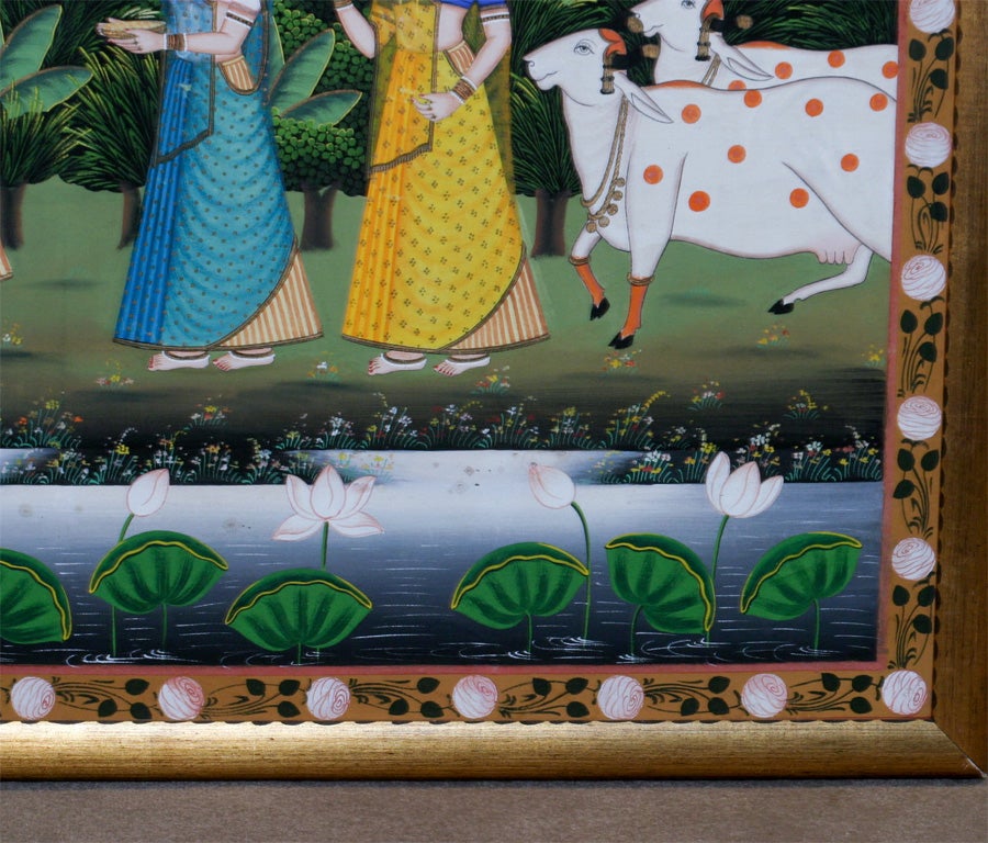 Indien Peinture indienne à grande échelle sur toile Krishna et dévots en vente