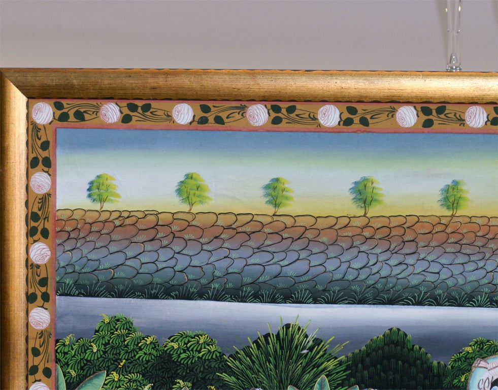 Milieu du XXe siècle Peinture indienne à grande échelle sur toile Krishna et dévots en vente