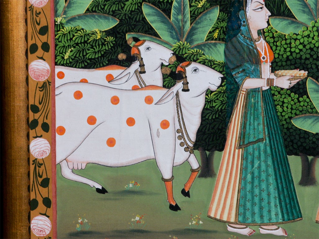 Peinture indienne à grande échelle sur toile Krishna et dévots en vente 1