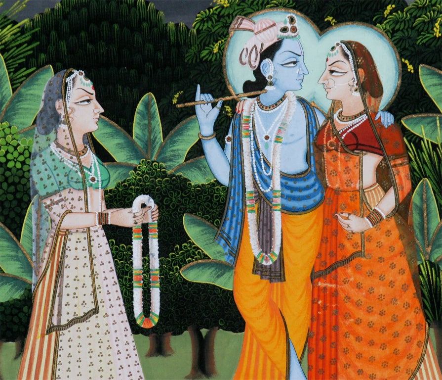 Peinture indienne à grande échelle sur toile Krishna et dévots en vente 2