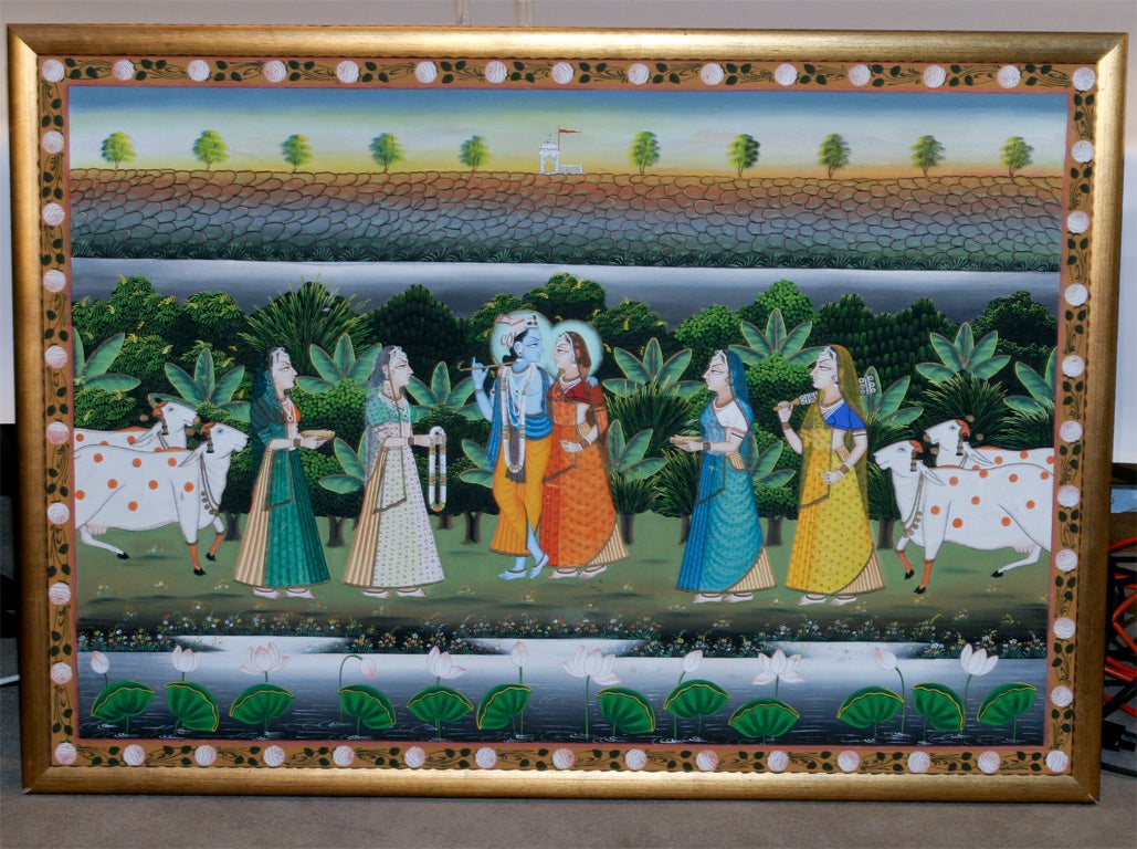 Peinture indienne à grande échelle sur toile Krishna et dévots en vente 3