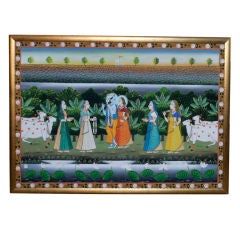 Large- scale Indian Painting on Canvas Krishna and Devotees