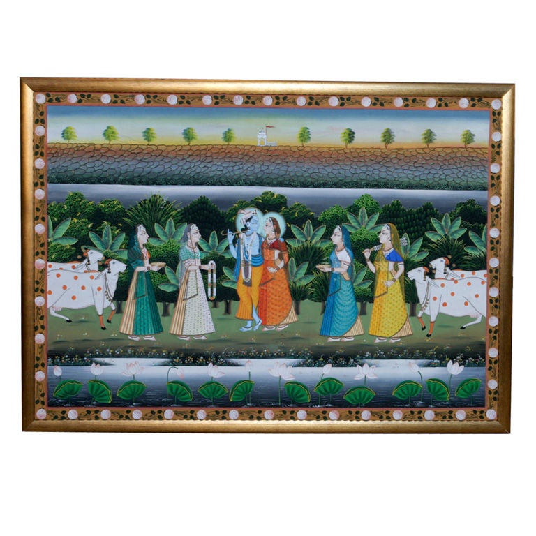 Indisches Gemälde auf Leinwand Krishna und Devotees, großformatig