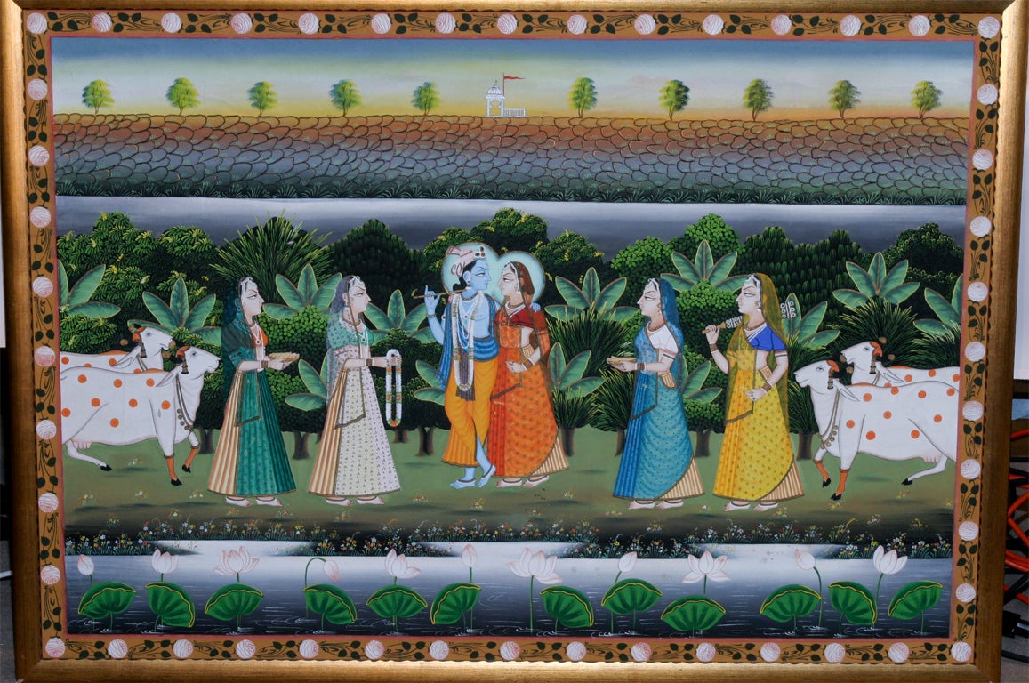 Peinture indienne à grande échelle sur toile Krishna et dévots en vente 4