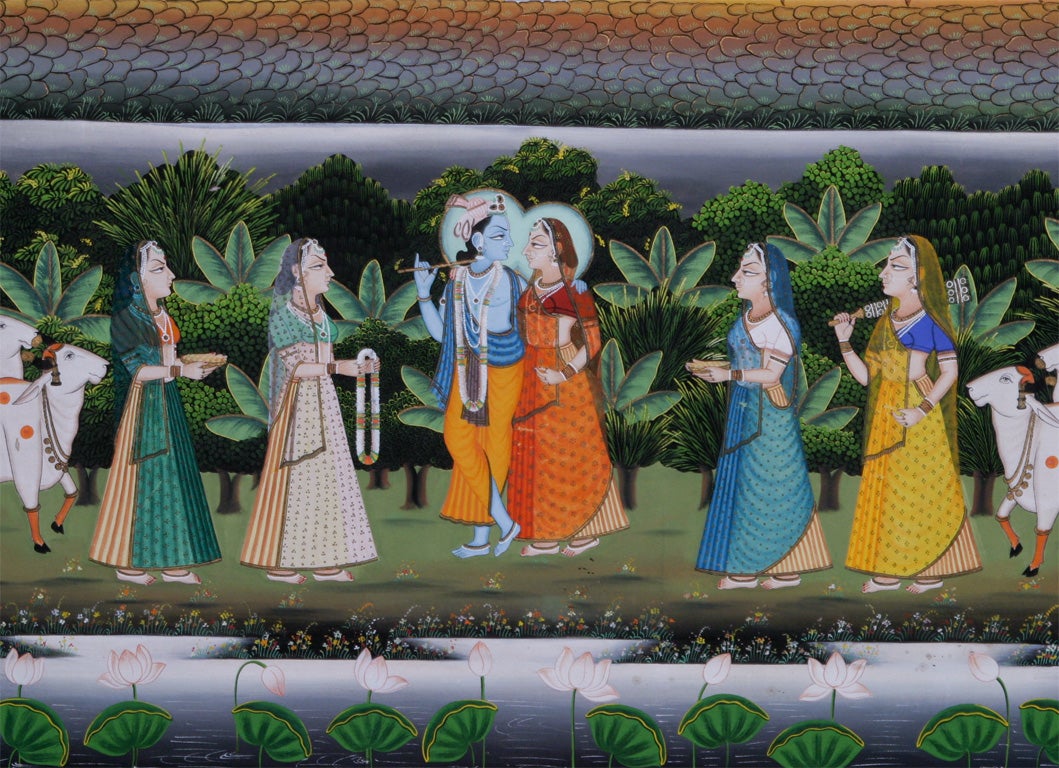 Peinture indienne à grande échelle sur toile Krishna et dévots en vente 5