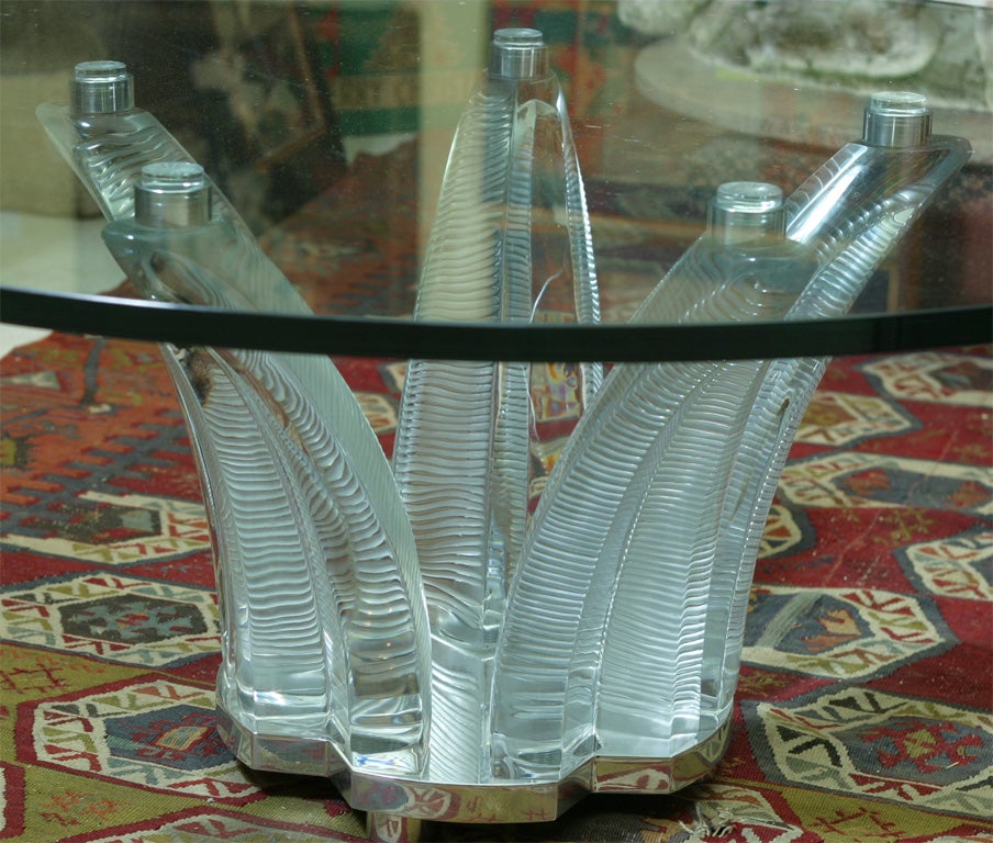 Round glass coffee table with signed Baccarat crystal base, a spray of 5 leaves.