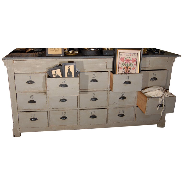 Antique store counter with 15 drawers