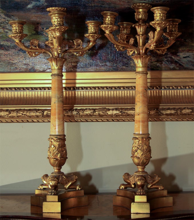 Pair 5 light bronze and marble candelabra.