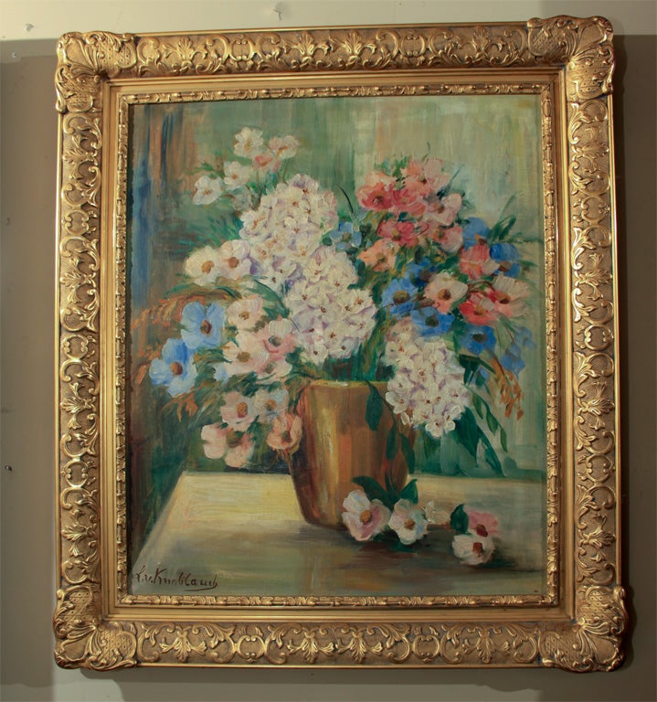 Impressionist style oil painting depicting a lush bunch of flowers in a vase: in the center white and lilac hydrangeas flanked by flowers of smaller and more fragile appearance in the different shades of blue and rose with golden blades of grass. A