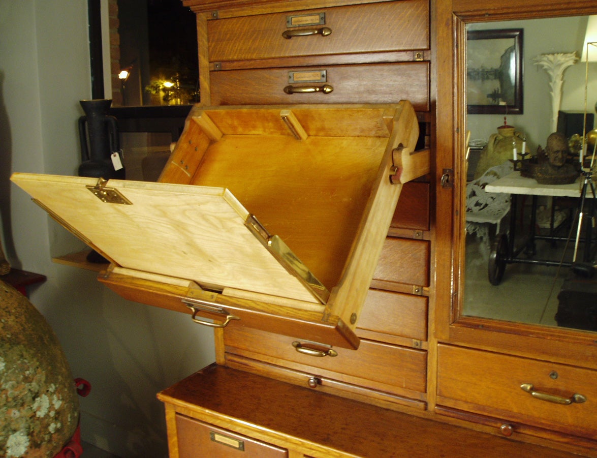 this generously proportioned oak cabinet is an exceptional example of early 20th century library archival storage. it features a bank of 7 articulated drawers in the upper portion which are hinged and have interior presses for keeping drawings or
