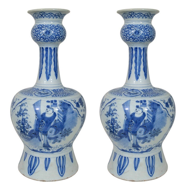 A Pair of Blue and White  Dutch Delft Vases