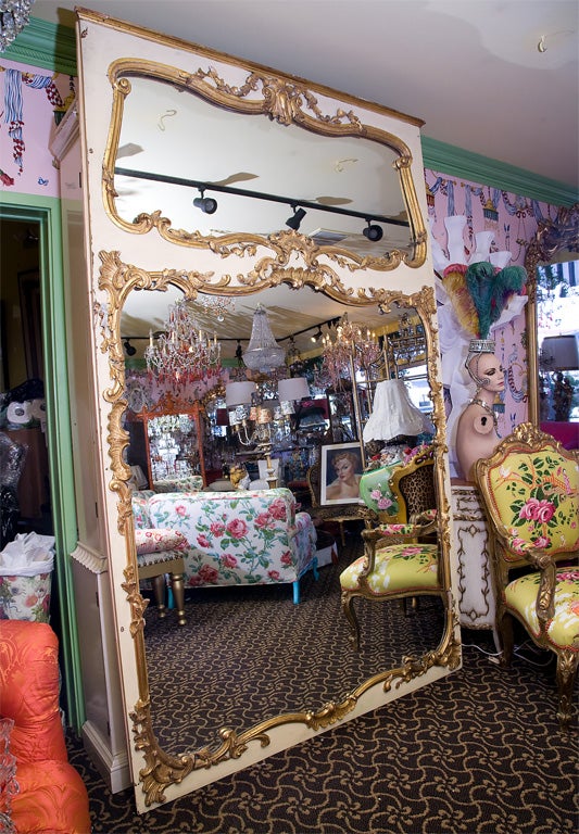 Beautifully decadent over sized French Mirror purchased on a Paris buying trip.
Gilded gold detailing,few chips here and there but tight.New mirror at top.Original mirror on bottom~