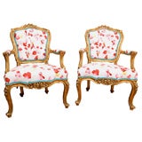 Pair Gilded Floral Tufted Chairs