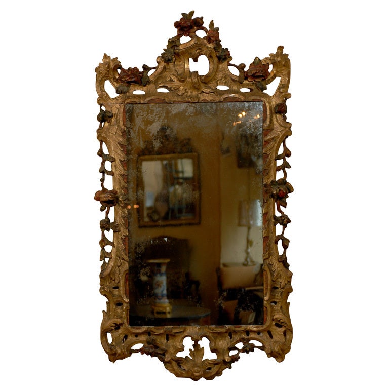 Mid 18th century Italian Rococo Gilt-wood & Polychrome Painted Mirror