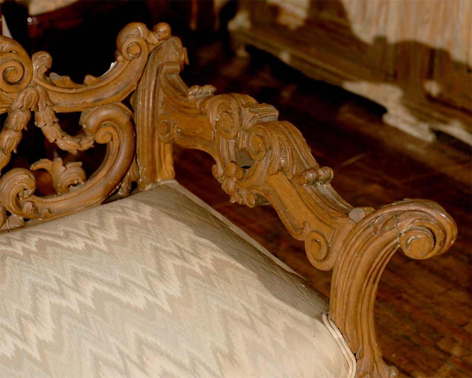 Late 19th Century Richly Carved Italian Wooden Bench with Upholstered Seat 1