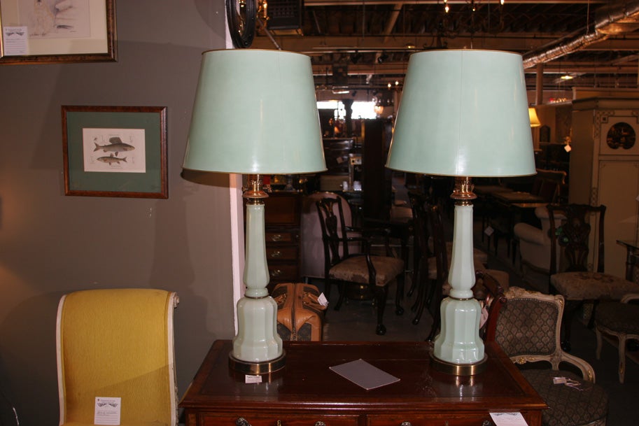Pair of French Green Milk Glass Lamps
